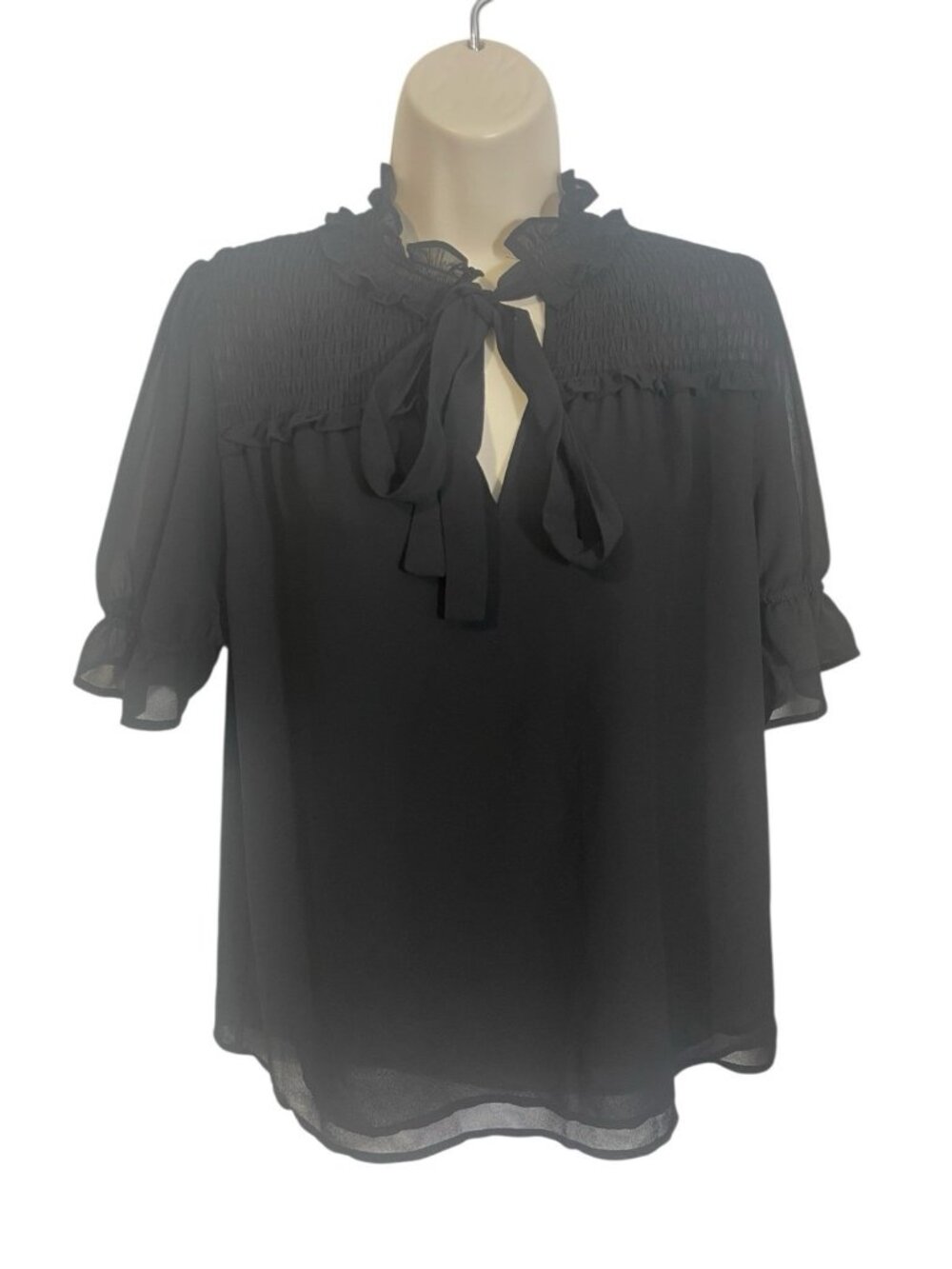 PLEIONE Women's Size Small Black Short Sleeve Smocked Tie Neck Sheer Top
